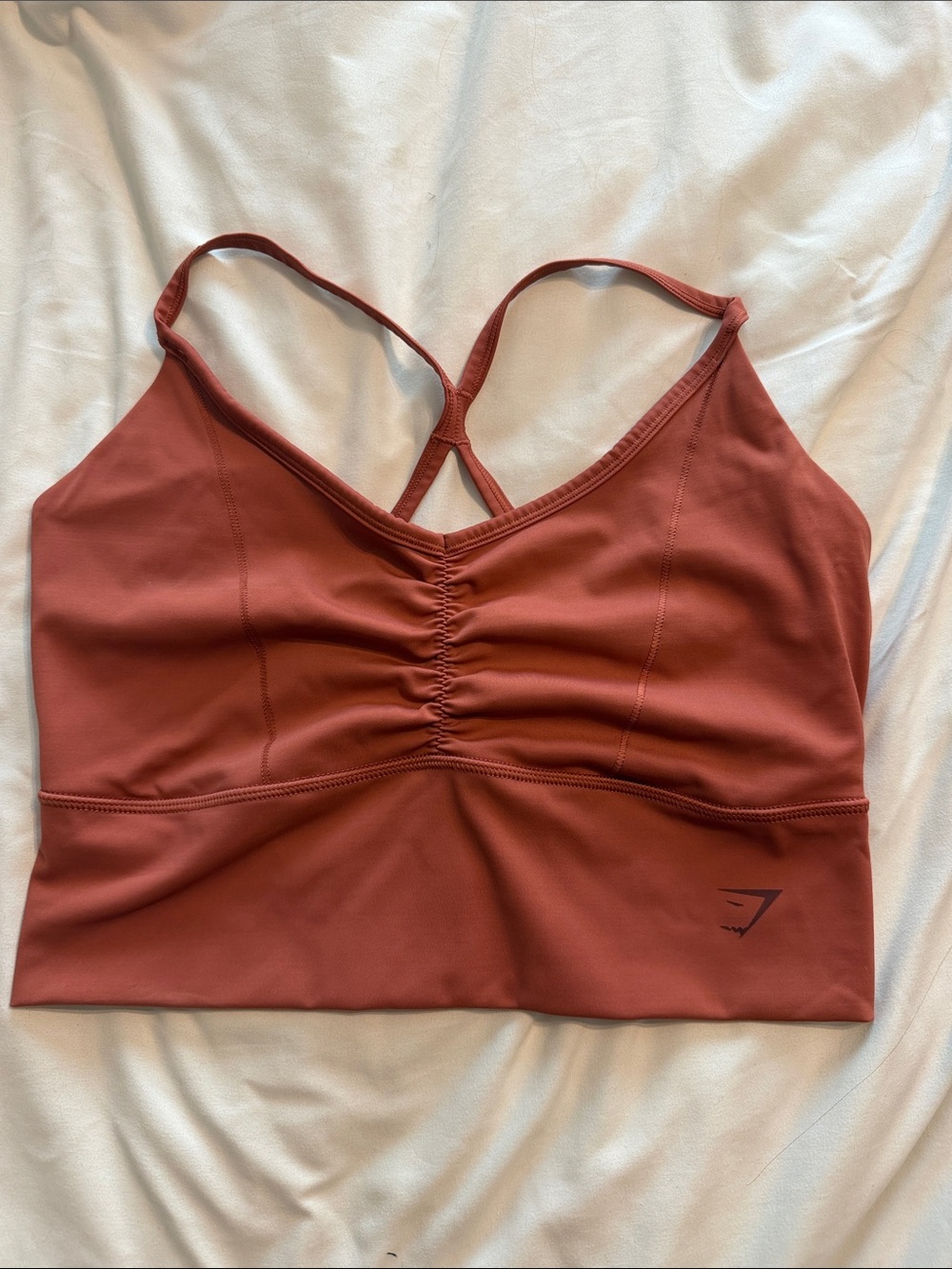 Gymshark Rust Sports Bra with Ruched Front and Strappy Back